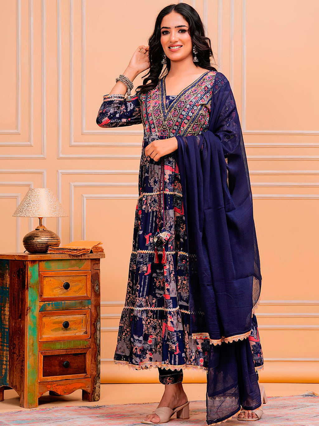 Embroidered & Printed Kurta With Pant & Dupatta Luxury Premium, Navy Blue - Hiral Fashion - Distacart