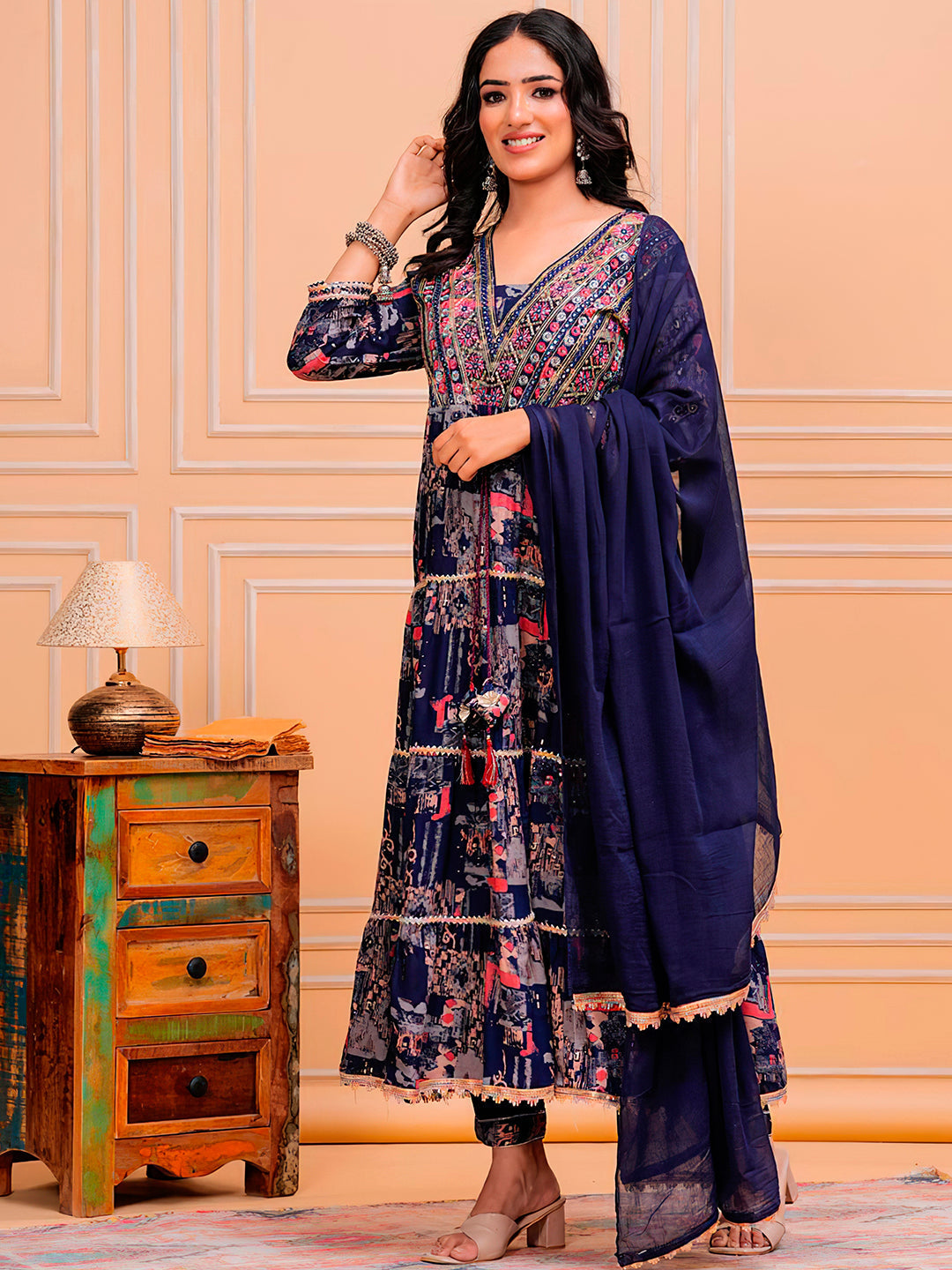Embroidered & Printed Kurta With Pant & Dupatta Luxury Premium, Navy Blue - Hiral Fashion - Distacart