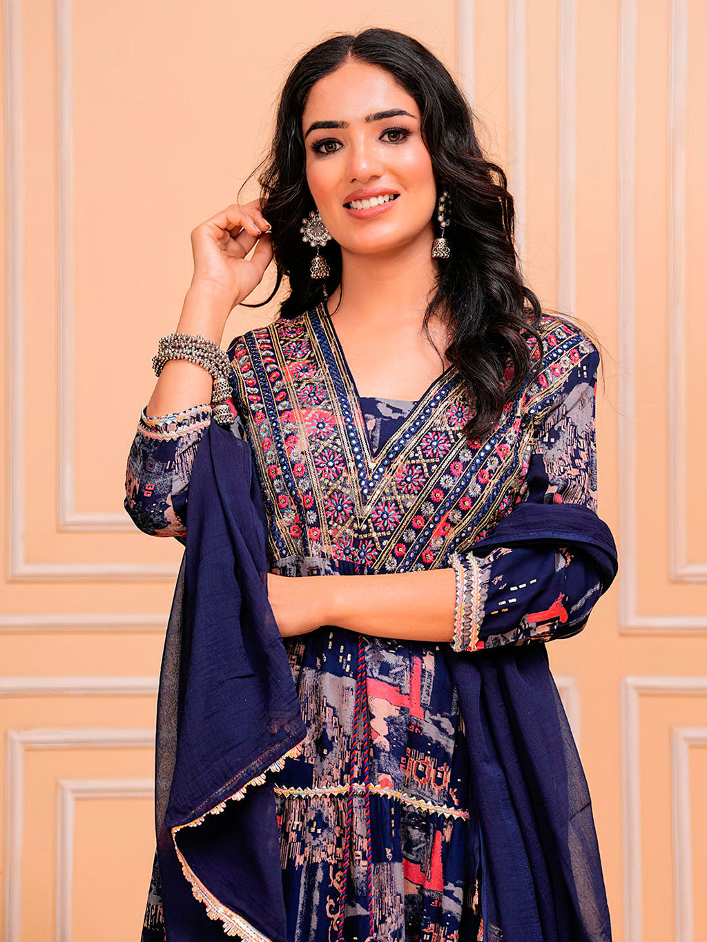 Embroidered & Printed Kurta With Pant & Dupatta Luxury Premium, Navy Blue - Hiral Fashion - Distacart
