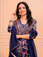 Embroidered & Printed Kurta With Pant & Dupatta Luxury Premium, Navy Blue - Hiral Fashion - Distacart