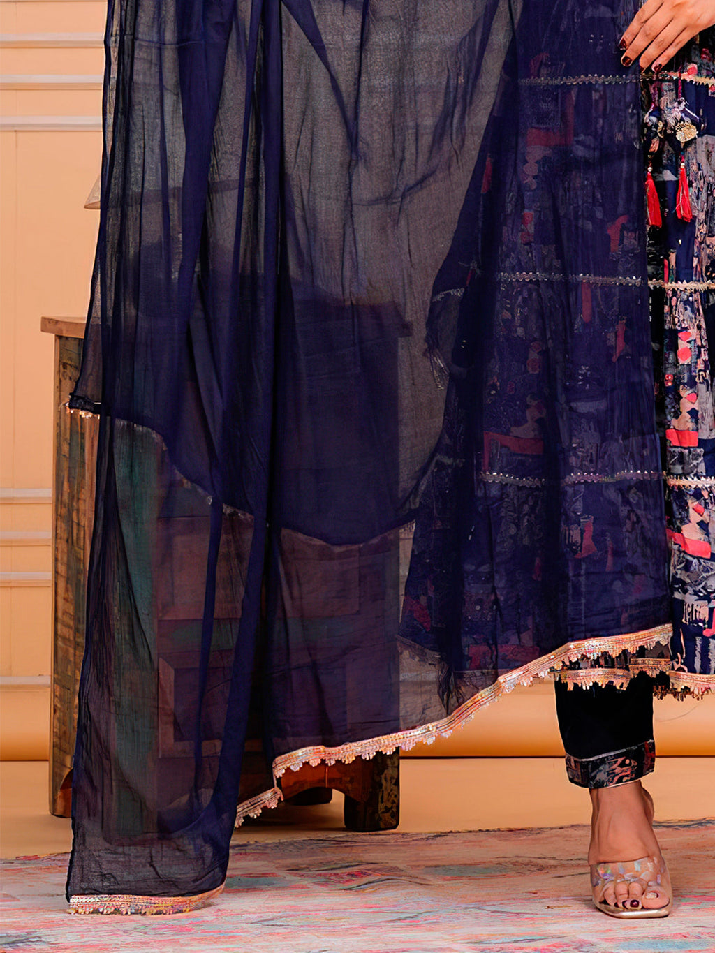 Embroidered & Printed Kurta With Pant & Dupatta Luxury Premium, Navy Blue - Hiral Fashion - Distacart