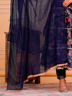 Embroidered & Printed Kurta With Pant & Dupatta Luxury Premium, Navy Blue - Hiral Fashion - Distacart