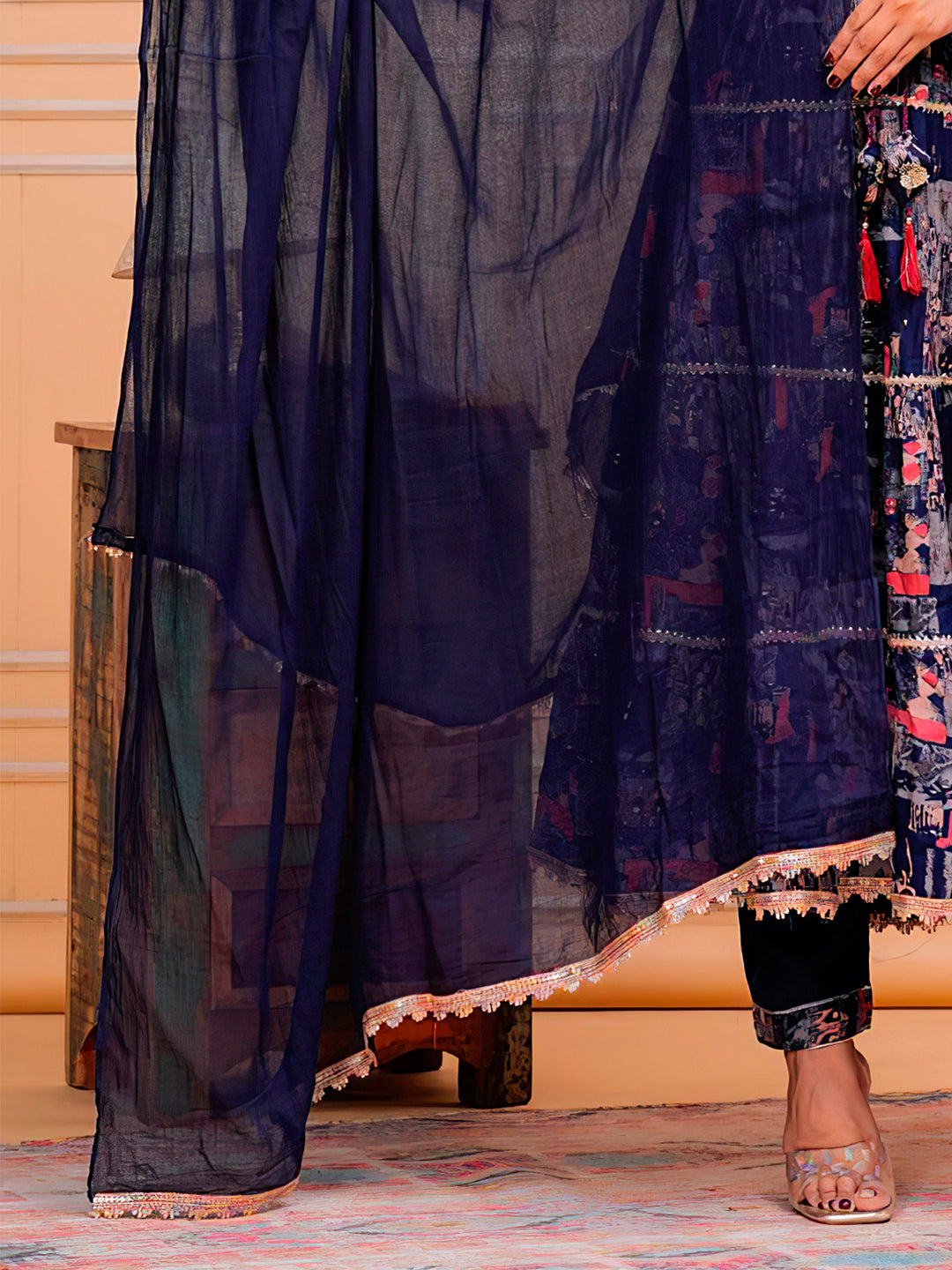 Embroidered & Printed Kurta With Pant & Dupatta Luxury Premium, Navy Blue - Hiral Fashion - Distacart
