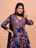 Embroidered & Printed Kurta With Pant & Dupatta Luxury Premium, Navy Blue - Hiral Fashion - Distacart