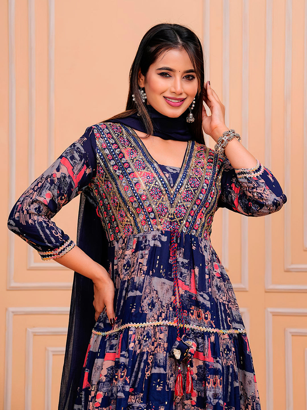 Embroidered & Printed Kurta With Pant & Dupatta Luxury Premium, Navy Blue - Hiral Fashion - Distacart