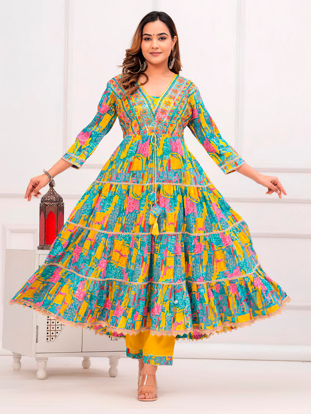 Embroidered & Printed Multicoloured Flared Kurta With Pant & Dupatta Premium Luxury, Multicolor - Hiral Fashion