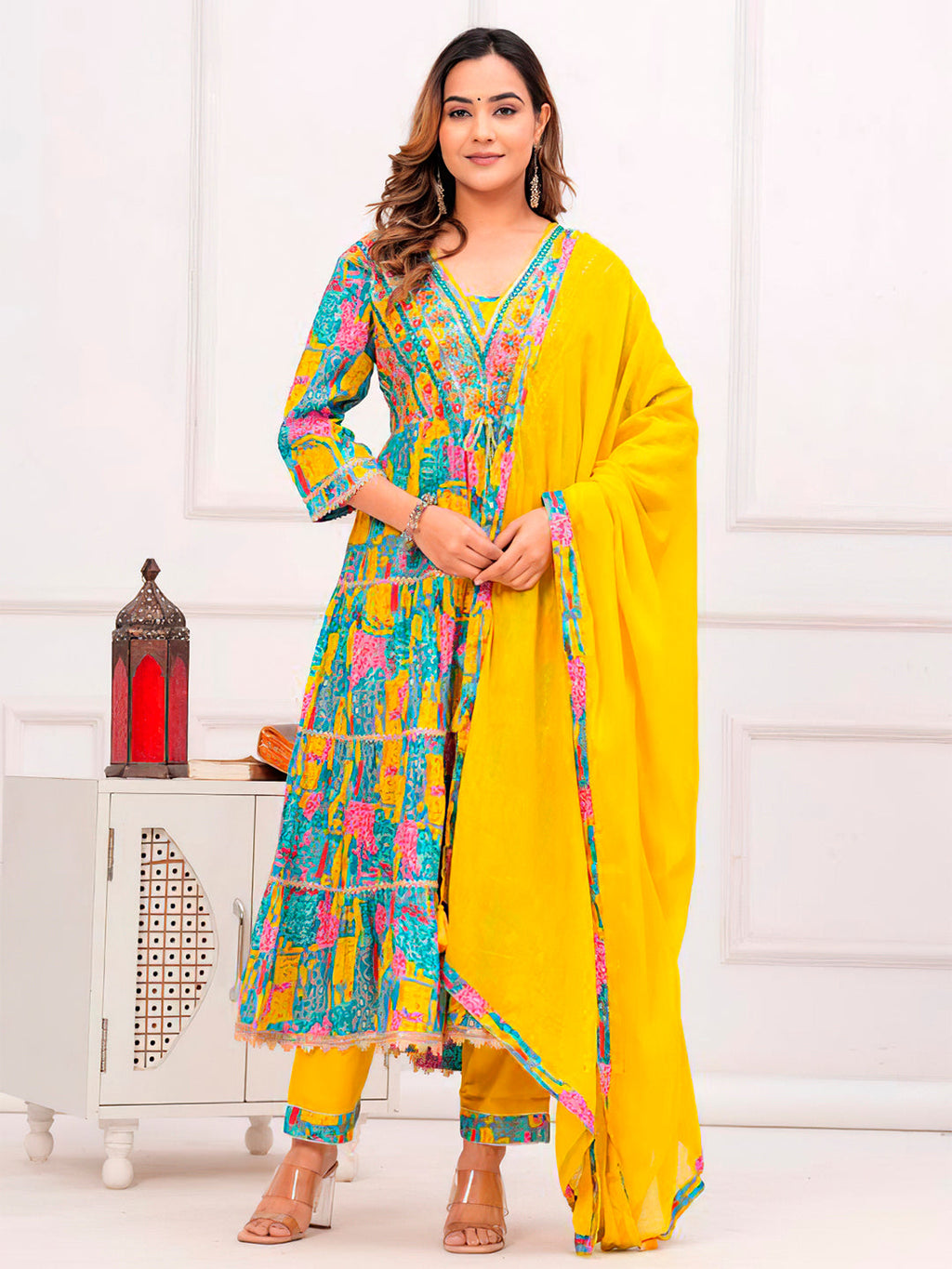 Embroidered & Printed Multicoloured Flared Kurta With Pant & Dupatta Premium Luxury, Multicolor - Hiral Fashion