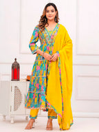 Embroidered & Printed Multicoloured Flared Kurta With Pant & Dupatta Premium Luxury, Multicolor - Hiral Fashion