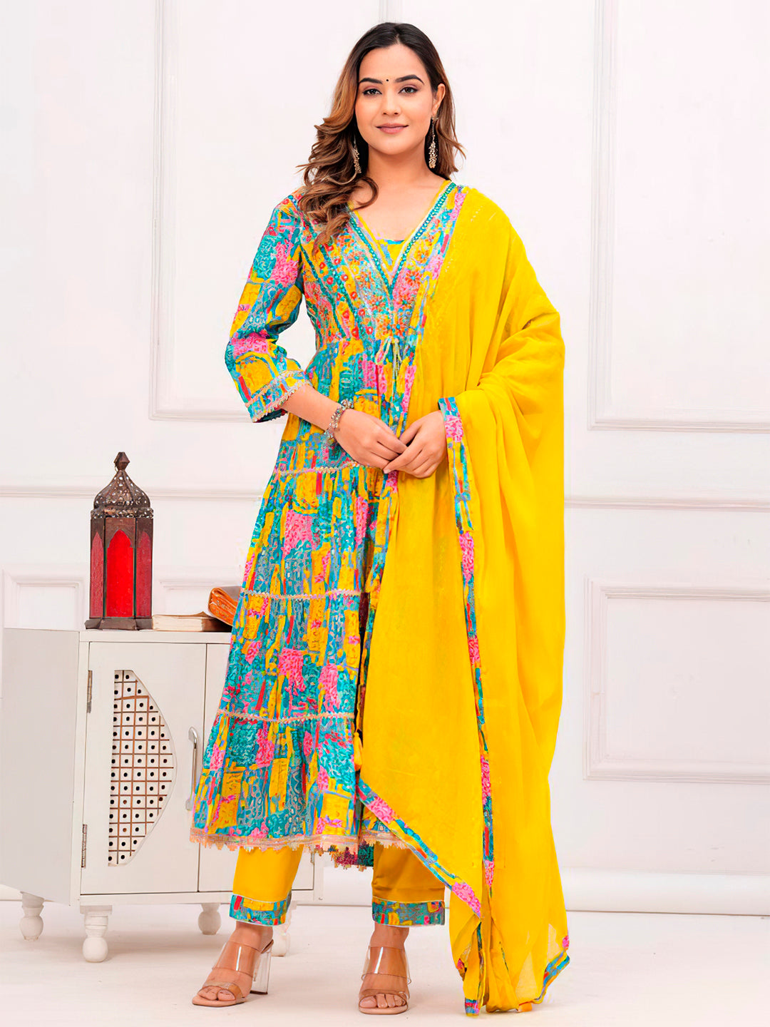 Embroidered & Printed Multicoloured Flared Kurta With Pant & Dupatta Premium Luxury, Multicolor - Hiral Fashion
