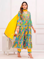 Embroidered & Printed Multicoloured Flared Kurta With Pant & Dupatta Premium Luxury, Multicolor - Hiral Fashion