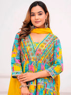 Embroidered & Printed Multicoloured Flared Kurta With Pant & Dupatta Premium Luxury, Multicolor - Hiral Fashion