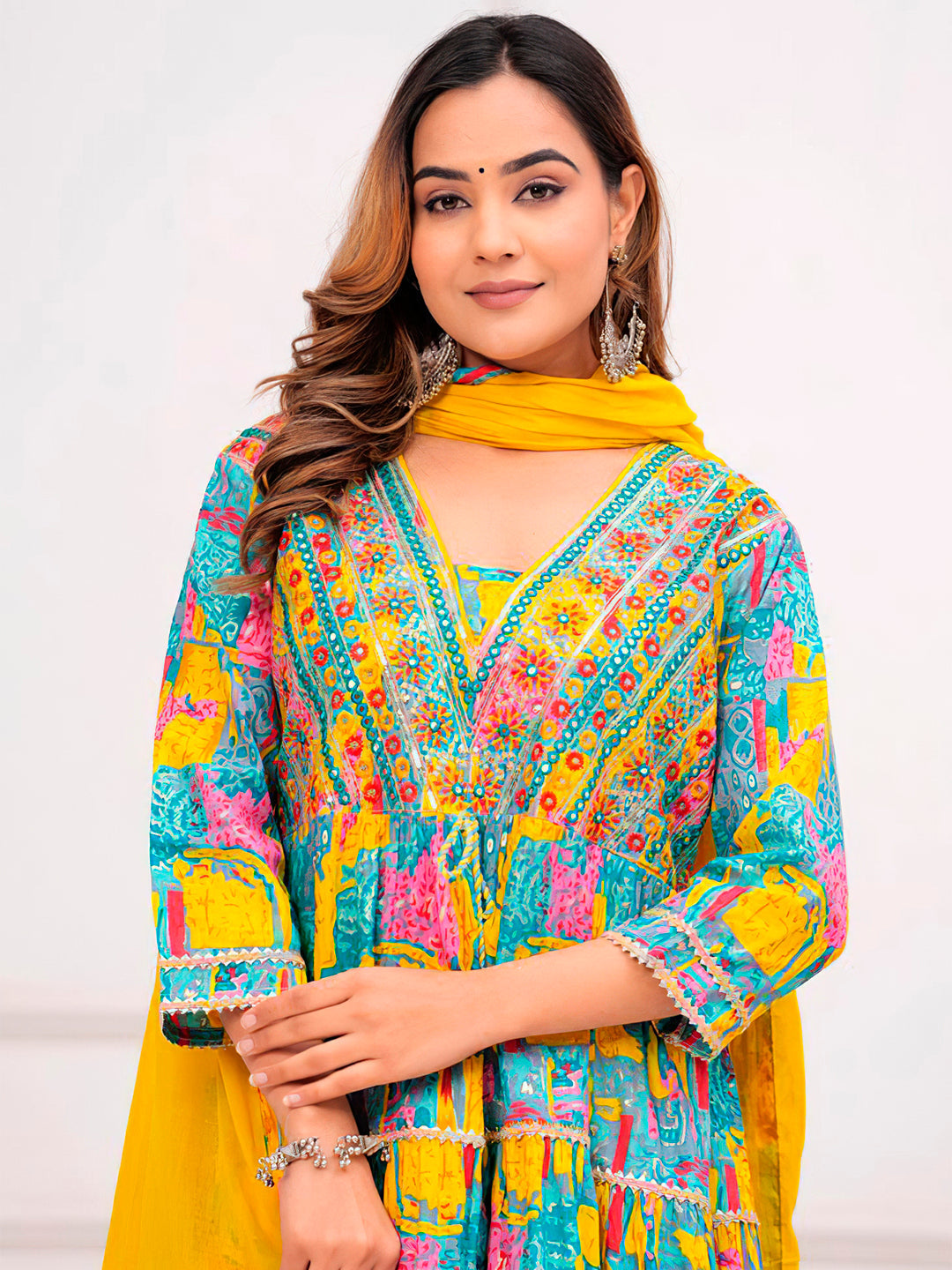 Embroidered & Printed Multicoloured Flared Kurta With Pant & Dupatta Premium Luxury, Multicolor - Hiral Fashion