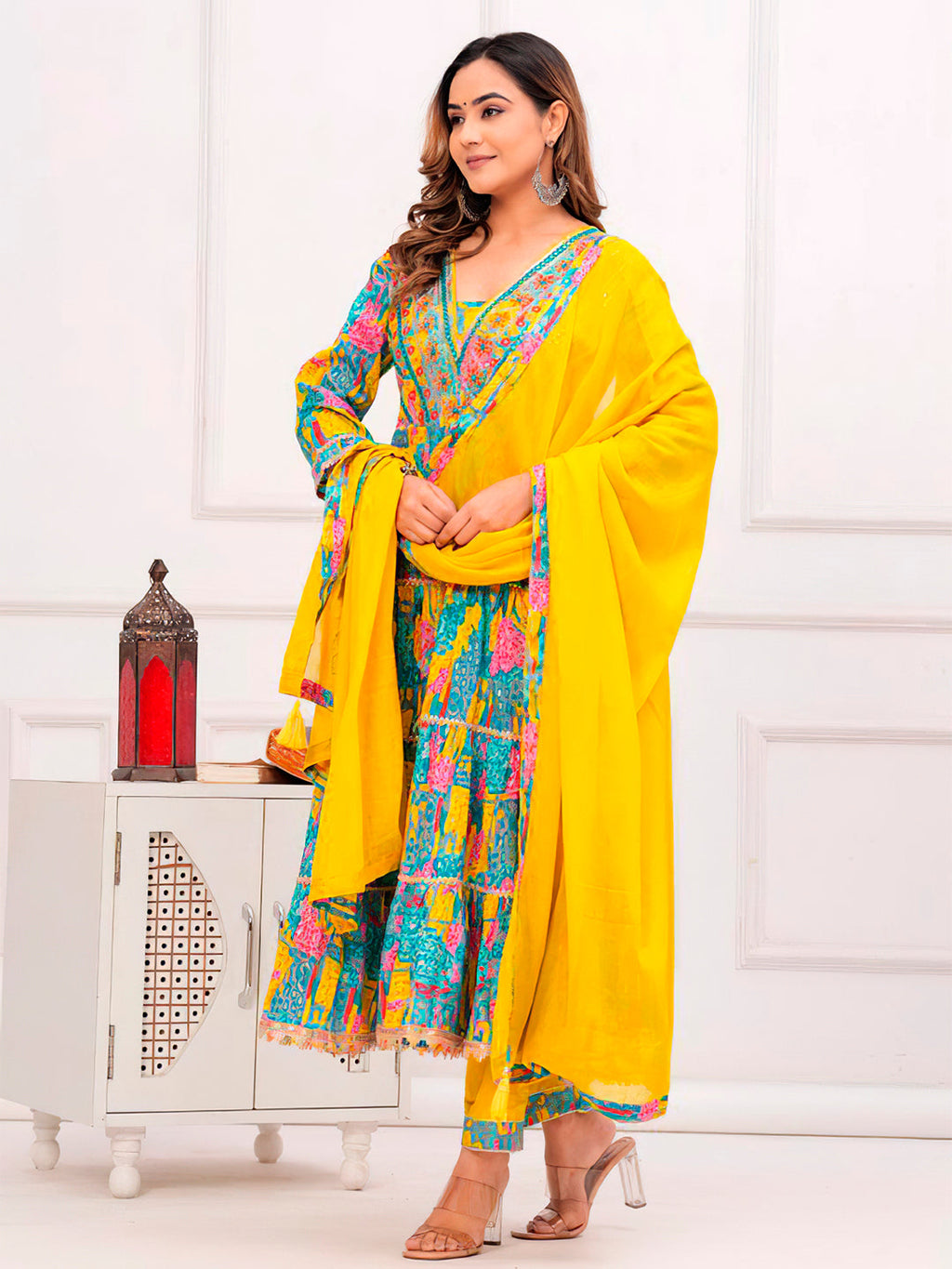 Embroidered & Printed Multicoloured Flared Kurta With Pant & Dupatta Premium Luxury, Multicolor - Hiral Fashion