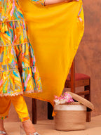 Embroidered & Printed Multicoloured Flared Kurta With Pant & Dupatta Luxury Premium, Yellow - Hiral Fashion - Distacart