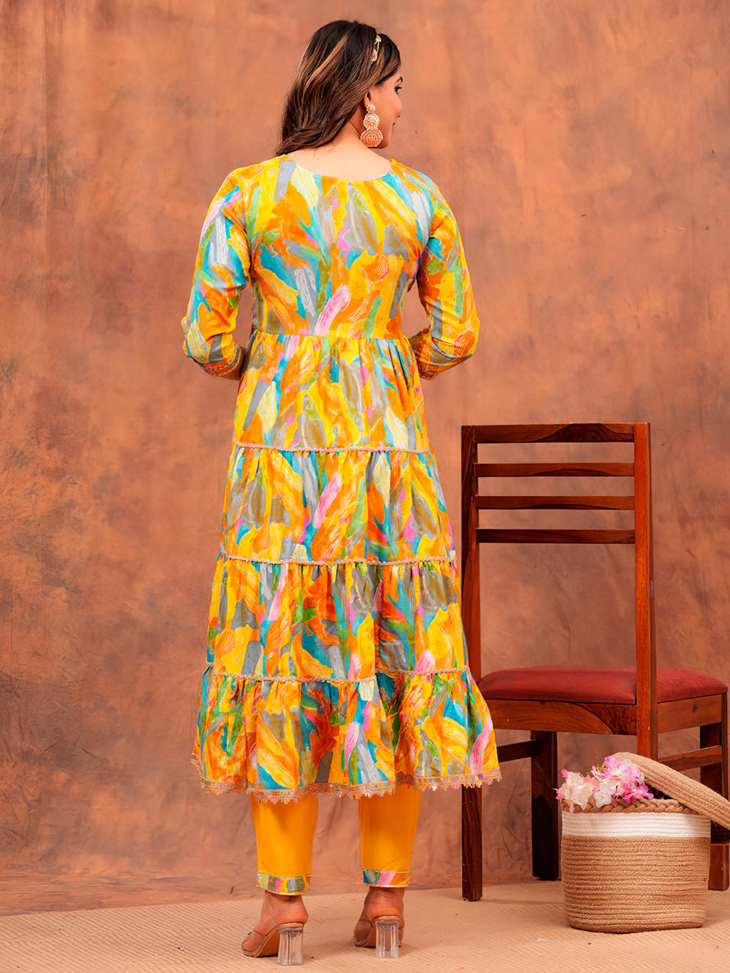 Embroidered & Printed Multicoloured Flared Kurta With Pant & Dupatta Luxury Premium, Yellow - Hiral Fashion - Distacart