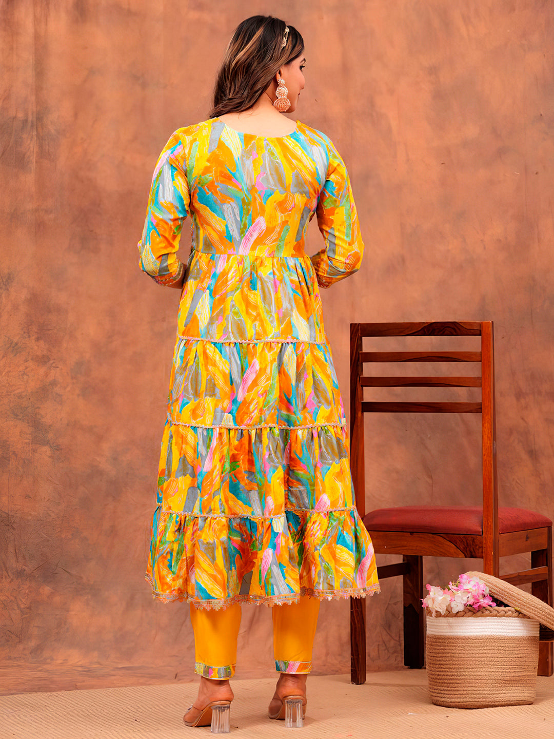 Embroidered & Printed Multicoloured Flared Kurta With Pant & Dupatta Luxury Premium, Yellow - Hiral Fashion - Distacart