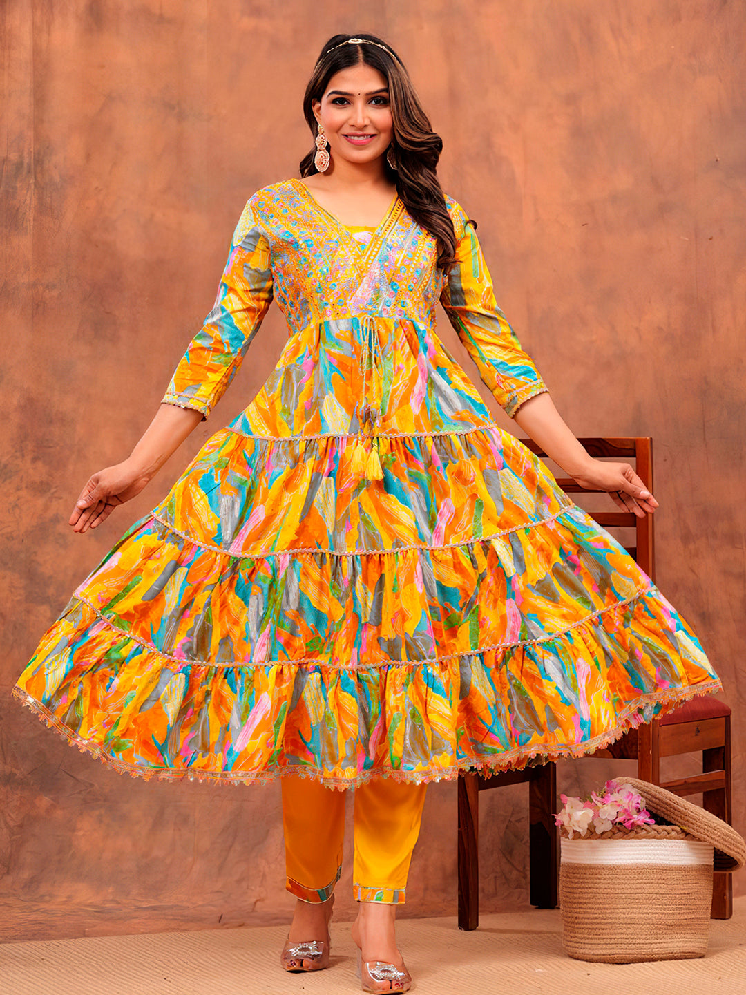 Embroidered & Printed Multicoloured Flared Kurta With Pant & Dupatta Luxury Premium, Yellow - Hiral Fashion - Distacart