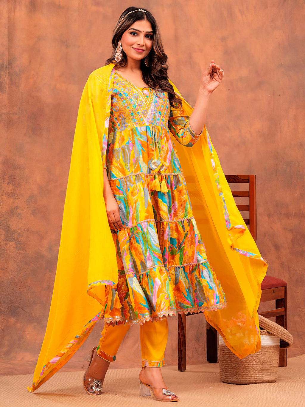 Embroidered & Printed Multicoloured Flared Kurta With Pant & Dupatta Luxury Premium, Yellow - Hiral Fashion - Distacart