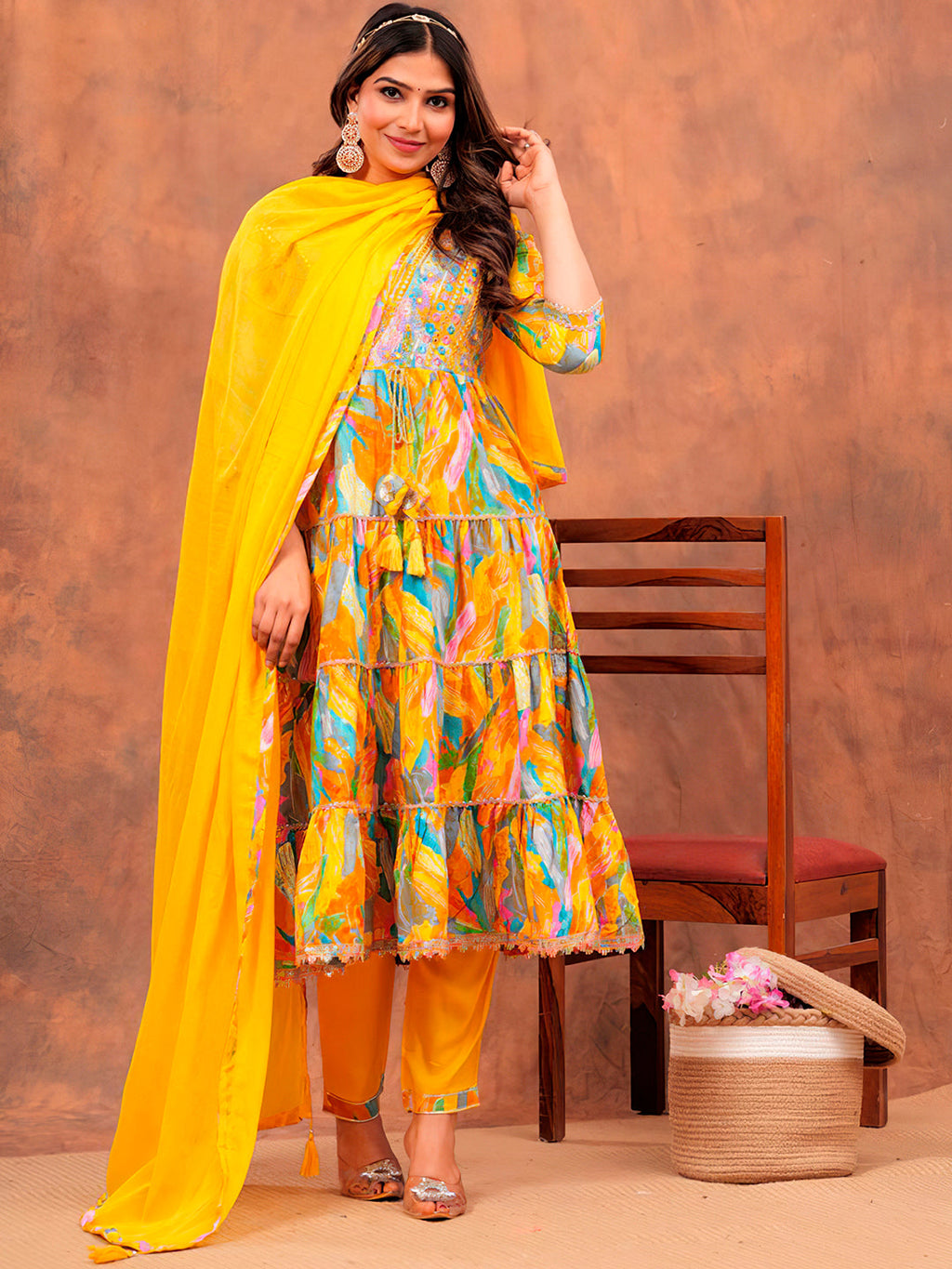 Embroidered & Printed Multicoloured Flared Kurta With Pant & Dupatta Luxury Premium, Yellow - Hiral Fashion - Distacart
