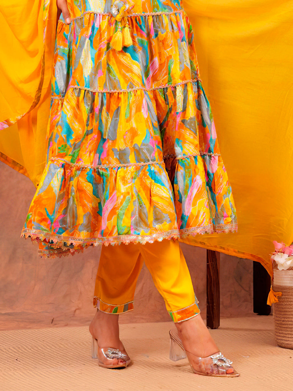 Embroidered & Printed Multicoloured Flared Kurta With Pant & Dupatta Luxury Premium, Yellow - Hiral Fashion - Distacart