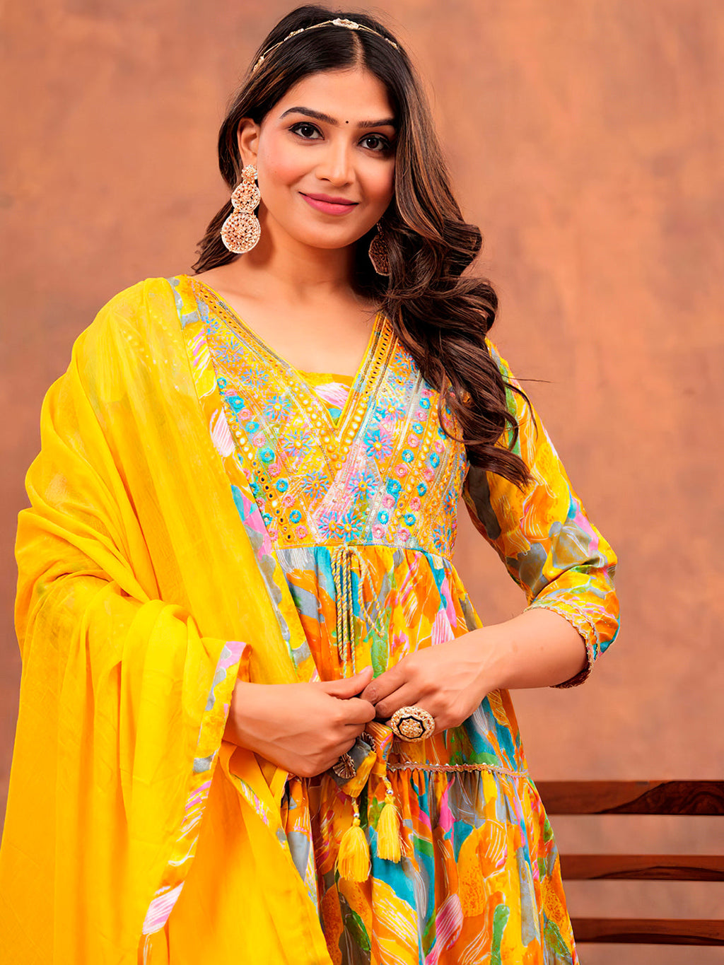 Embroidered & Printed Multicoloured Flared Kurta With Pant & Dupatta Luxury Premium, Yellow - Hiral Fashion - Distacart