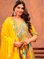 Embroidered & Printed Multicoloured Flared Kurta With Pant & Dupatta Luxury Premium, Yellow - Hiral Fashion - Distacart