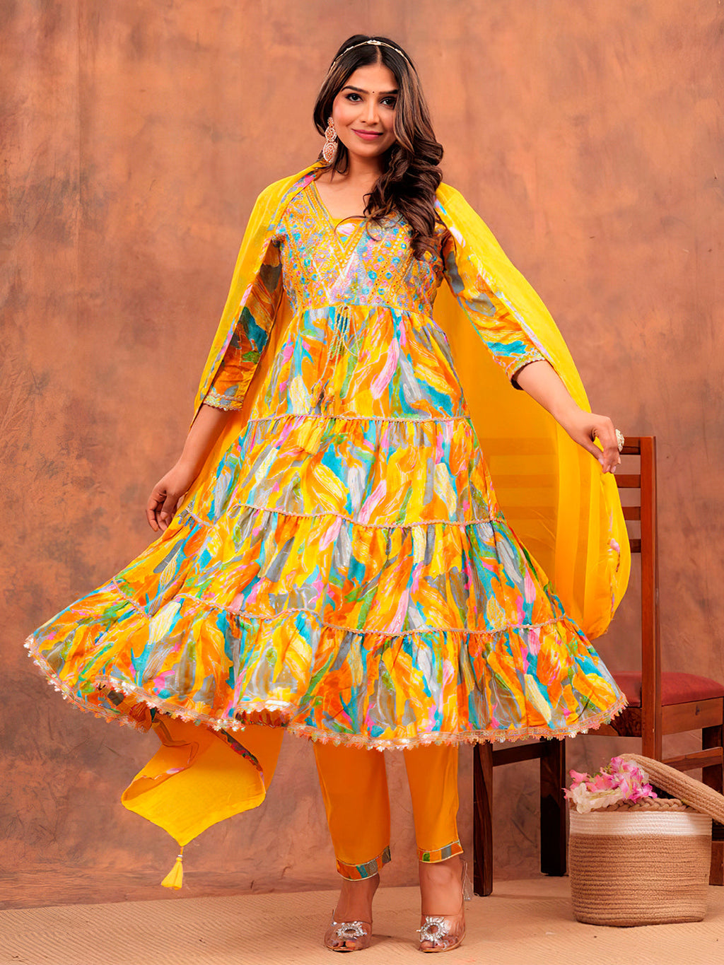 Embroidered & Printed Multicoloured Flared Kurta With Pant & Dupatta Luxury Premium, Yellow - Hiral Fashion - Distacart