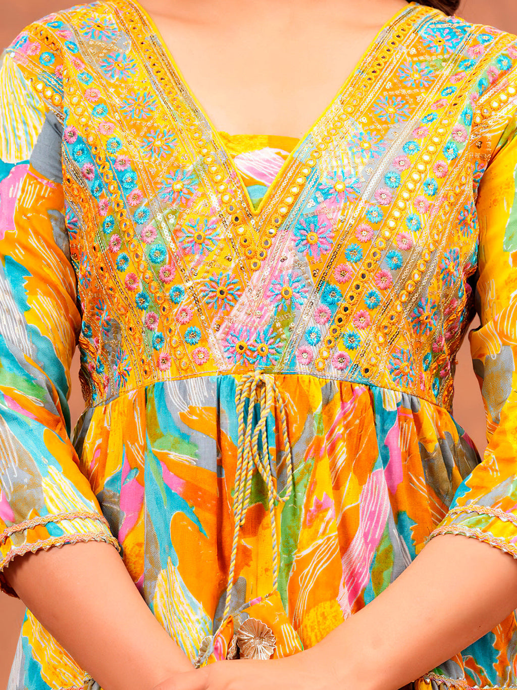 Embroidered & Printed Multicoloured Flared Kurta With Pant & Dupatta Luxury Premium, Yellow - Hiral Fashion - Distacart