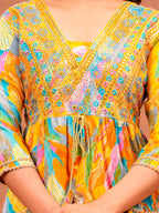 Embroidered & Printed Multicoloured Flared Kurta With Pant & Dupatta Luxury Premium, Yellow - Hiral Fashion - Distacart