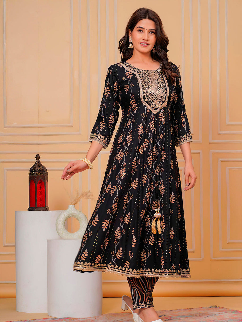 Embroidered & Leaf Printed Flared Kurta With Pant & Dupatta Luxury Premium, Black - Hiral Fashion