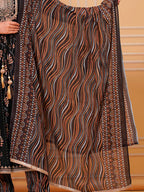 Embroidered & Leaf Printed Flared Kurta With Pant & Dupatta Luxury Premium, Black - Hiral Fashion