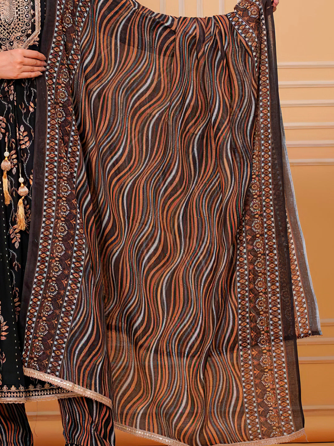 Embroidered & Leaf Printed Flared Kurta With Pant & Dupatta Luxury Premium, Black - Hiral Fashion