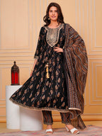 Embroidered & Leaf Printed Flared Kurta With Pant & Dupatta Luxury Premium, Black - Hiral Fashion
