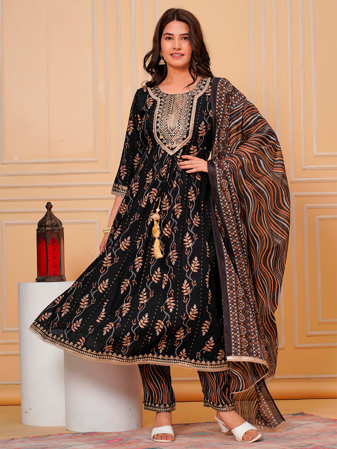 Embroidered & Leaf Printed Flared Kurta With Pant & Dupatta Luxury Premium, Black - Hiral Fashion