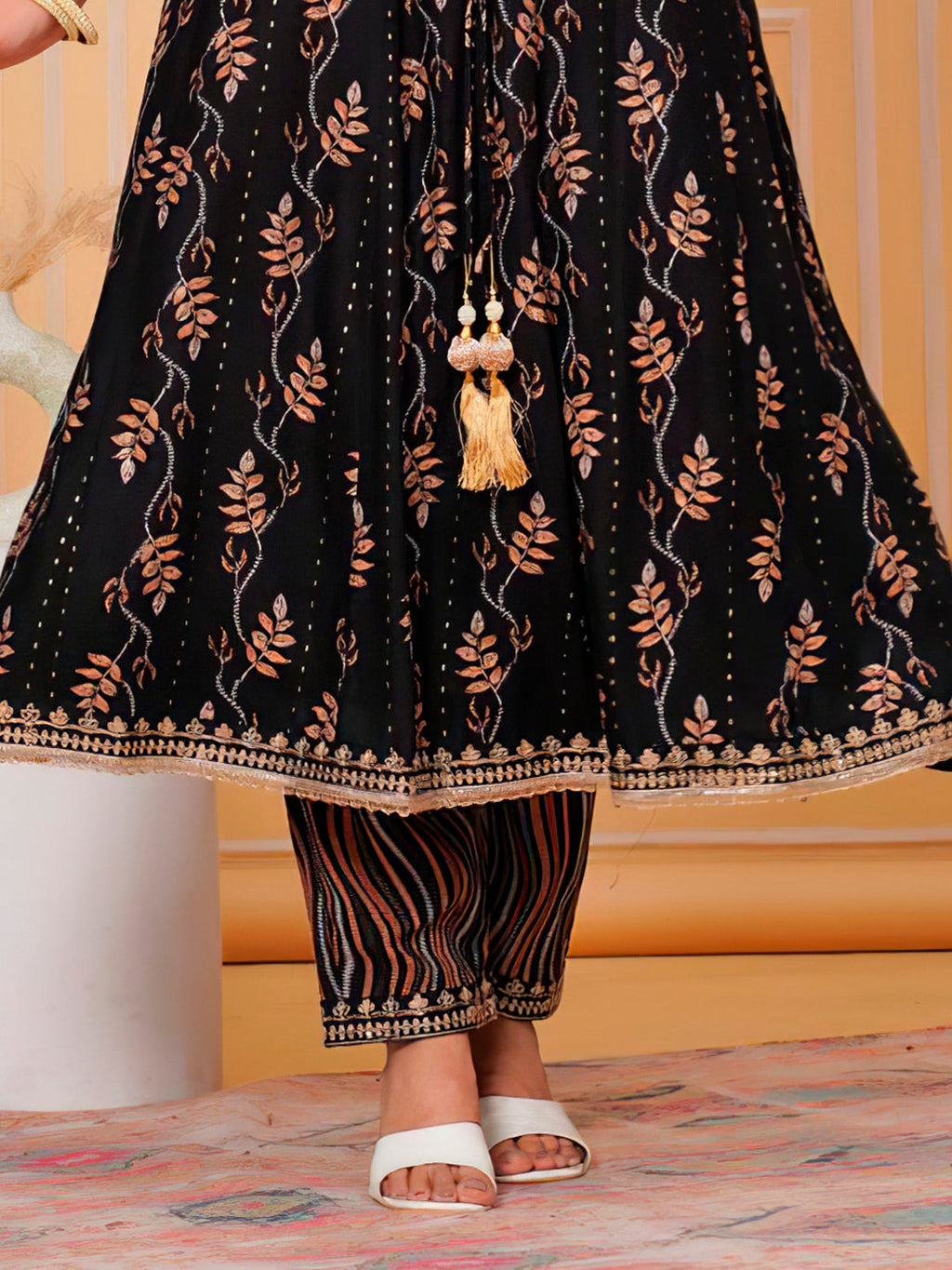 Embroidered & Leaf Printed Flared Kurta With Pant & Dupatta Luxury Premium, Black - Hiral Fashion