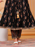 Embroidered & Leaf Printed Flared Kurta With Pant & Dupatta Luxury Premium, Black - Hiral Fashion