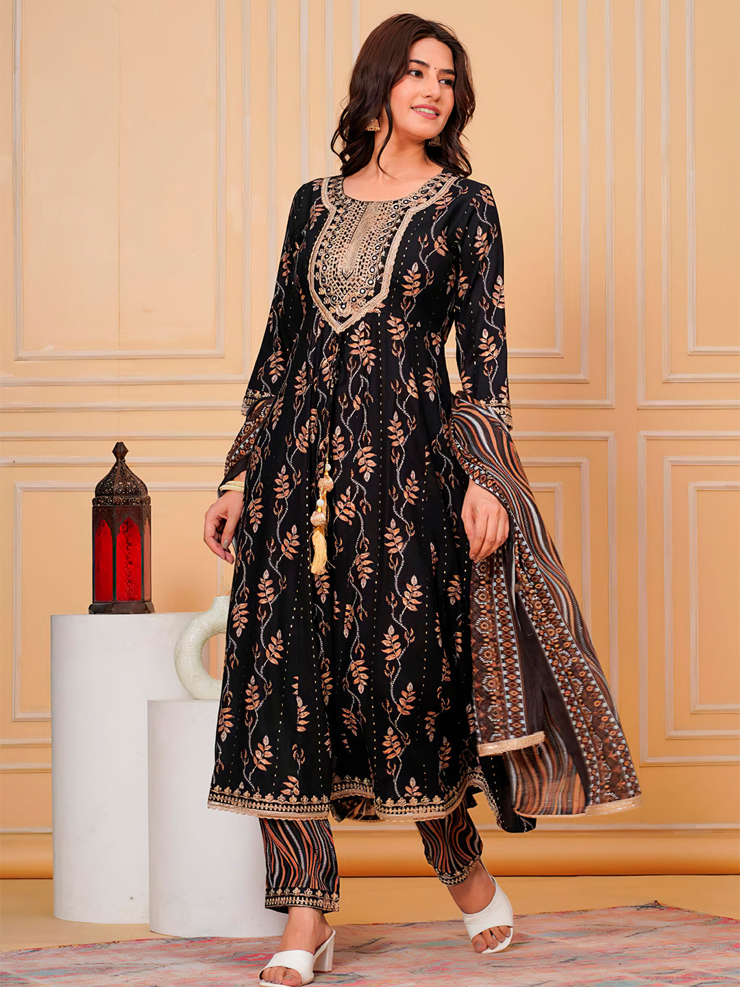 Embroidered & Leaf Printed Flared Kurta With Pant & Dupatta Luxury Premium, Black - Hiral Fashion
