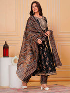 Embroidered & Leaf Printed Flared Kurta With Pant & Dupatta Luxury Premium, Black - Hiral Fashion
