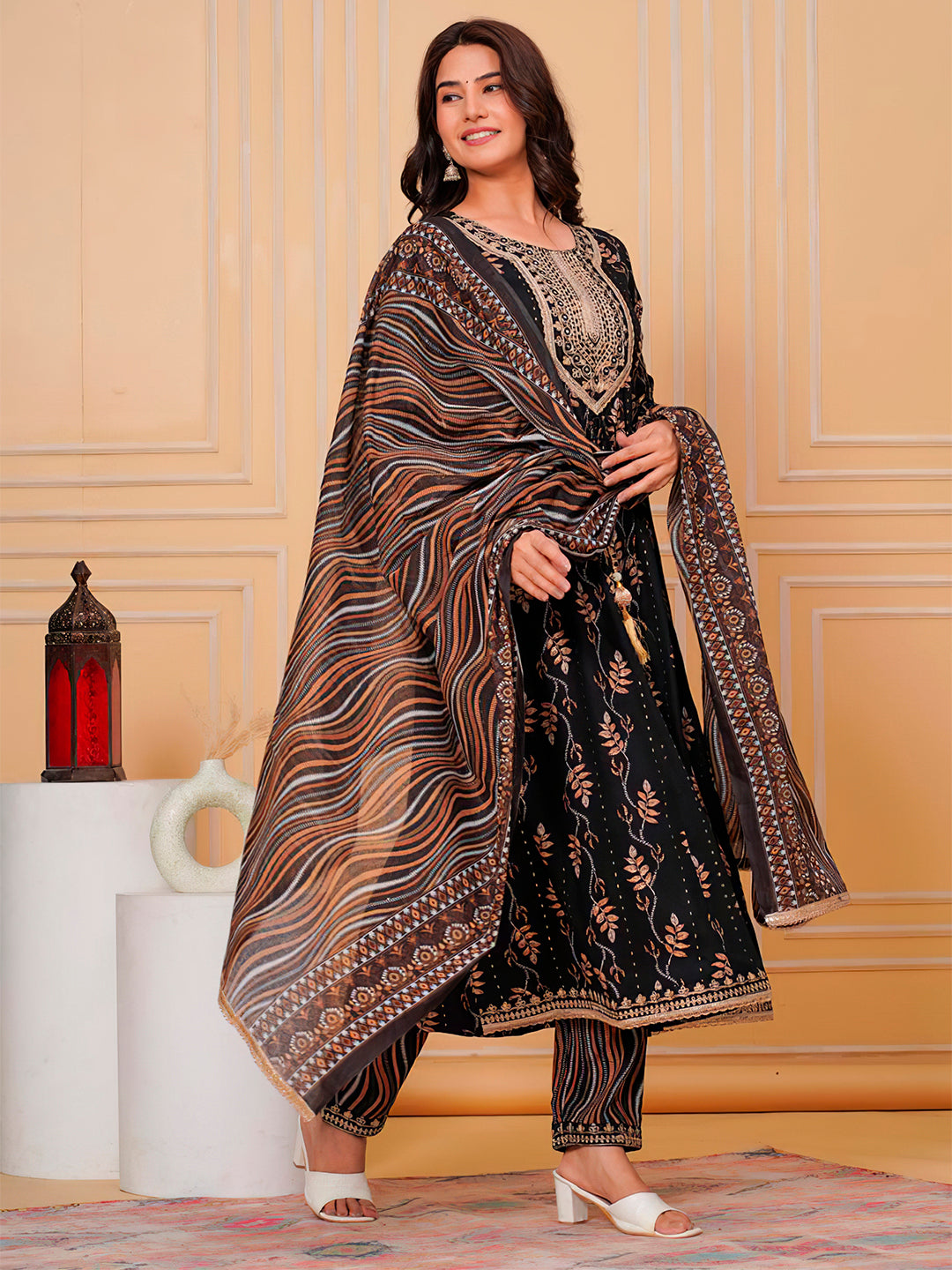 Embroidered & Leaf Printed Flared Kurta With Pant & Dupatta Luxury Premium, Black - Hiral Fashion