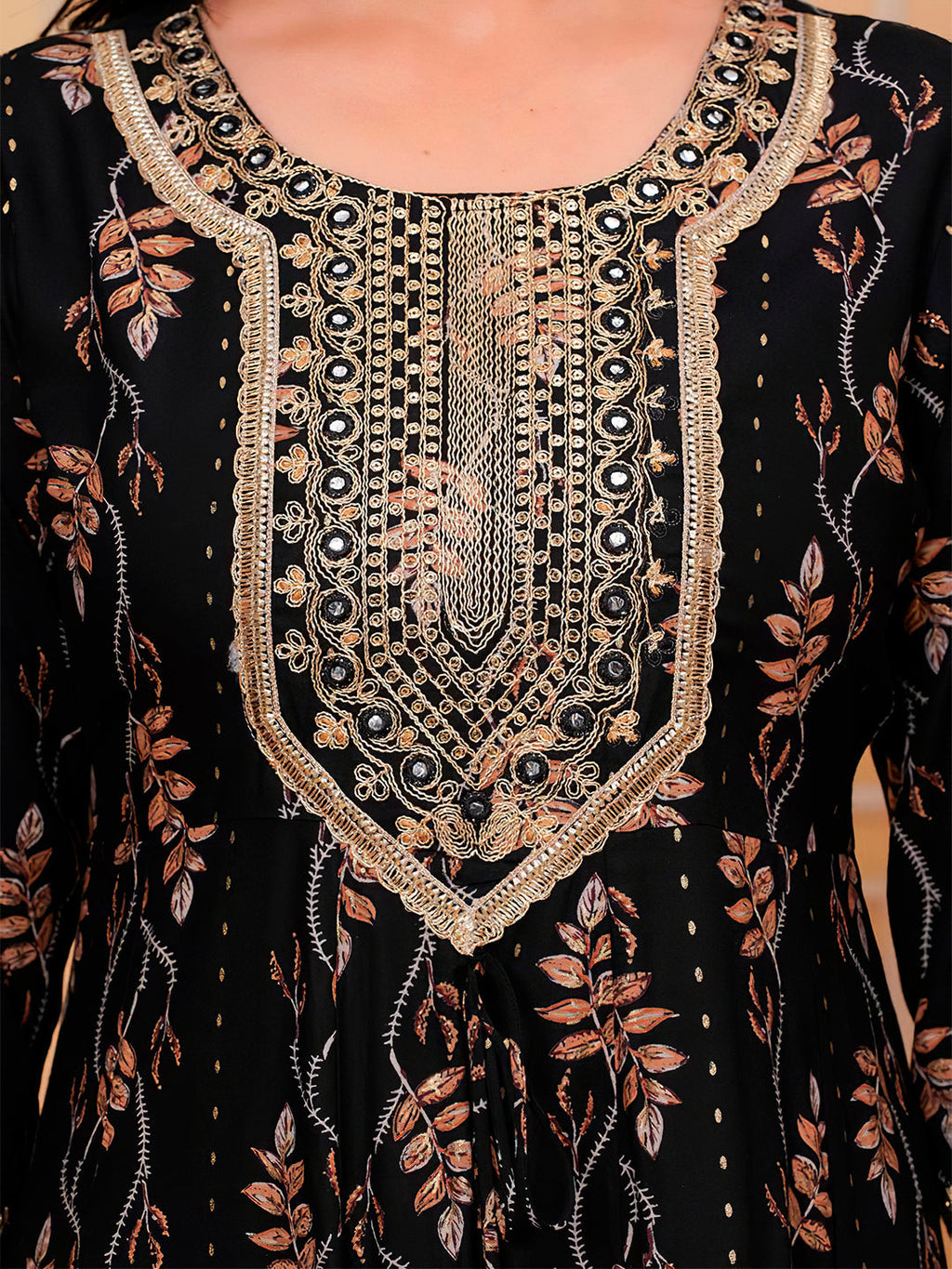 Embroidered & Leaf Printed Flared Kurta With Pant & Dupatta Luxury Premium, Black - Hiral Fashion