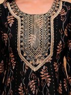 Embroidered & Leaf Printed Flared Kurta With Pant & Dupatta Luxury Premium, Black - Hiral Fashion