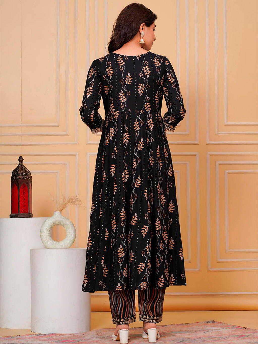 Embroidered & Leaf Printed Flared Kurta With Pant & Dupatta Luxury Premium, Black - Hiral Fashion