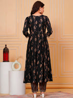 Embroidered & Leaf Printed Flared Kurta With Pant & Dupatta Luxury Premium, Black - Hiral Fashion