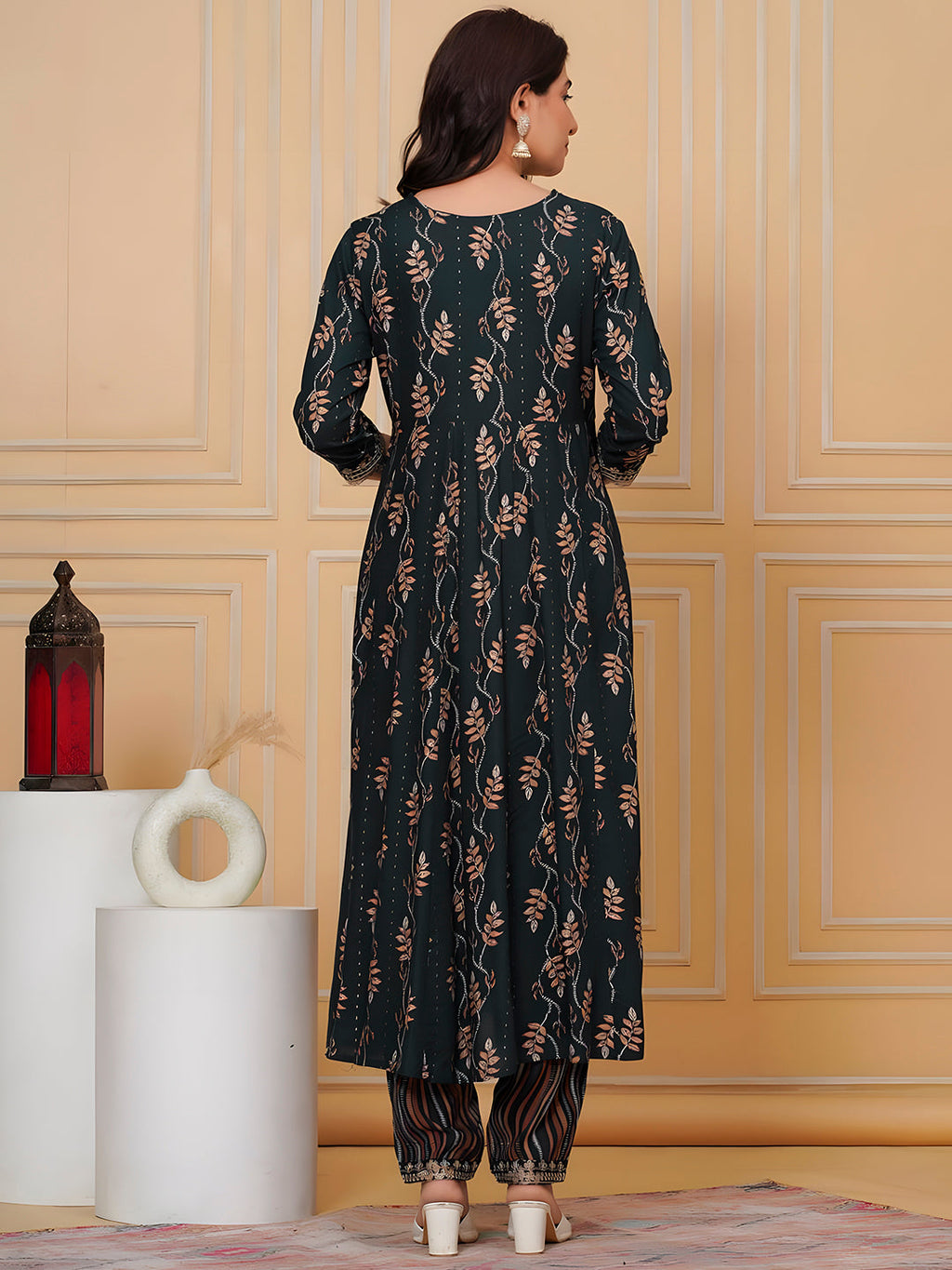 Embroidered & Leaf Printed Flared Kurta With Pant & Dupatta, Bottle-Green - Hiral Fashion