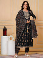 Embroidered & Leaf Printed Flared Kurta With Pant & Dupatta, Bottle-Green - Hiral Fashion