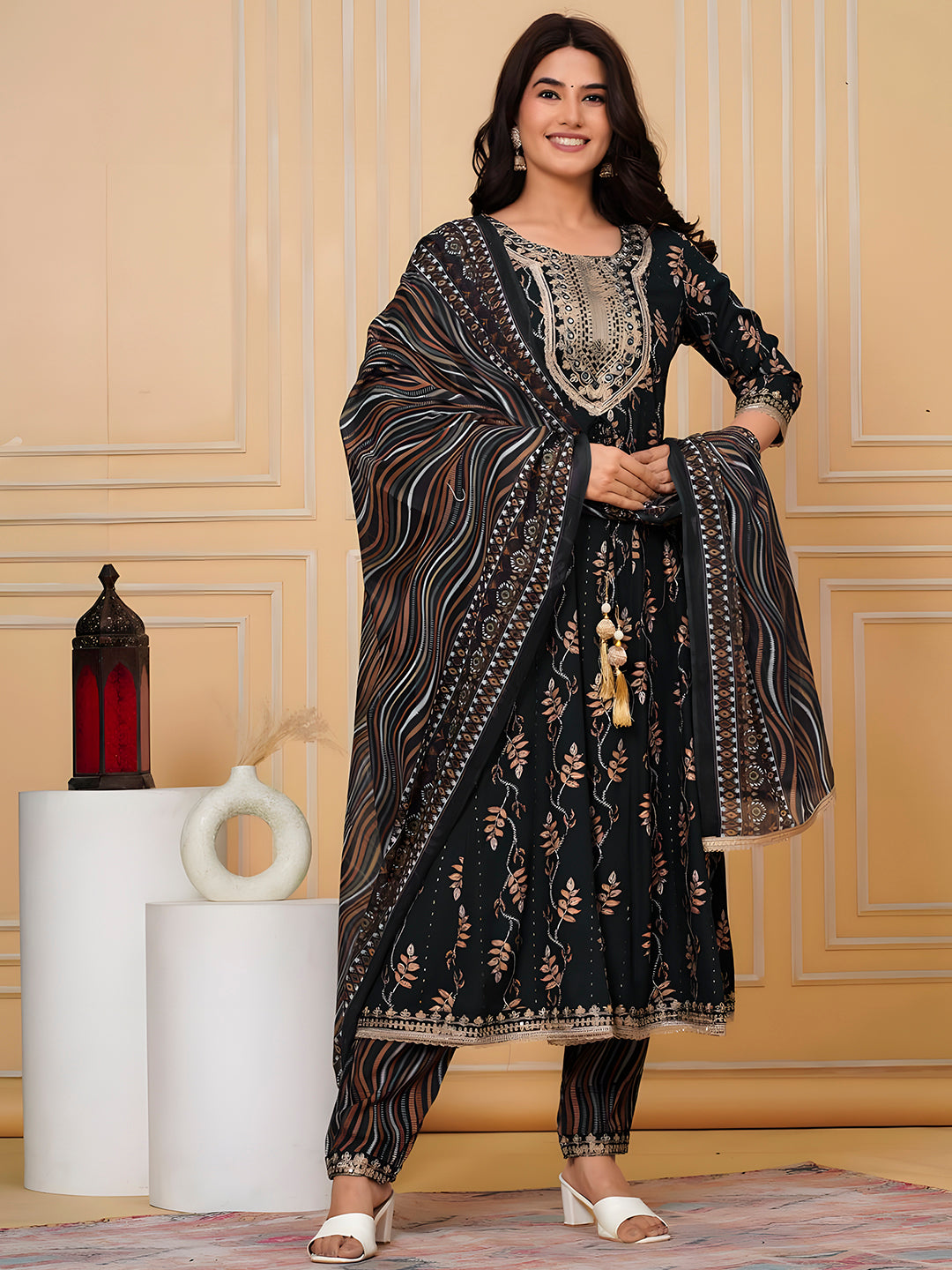 Embroidered & Leaf Printed Flared Kurta With Pant & Dupatta, Bottle-Green - Hiral Fashion