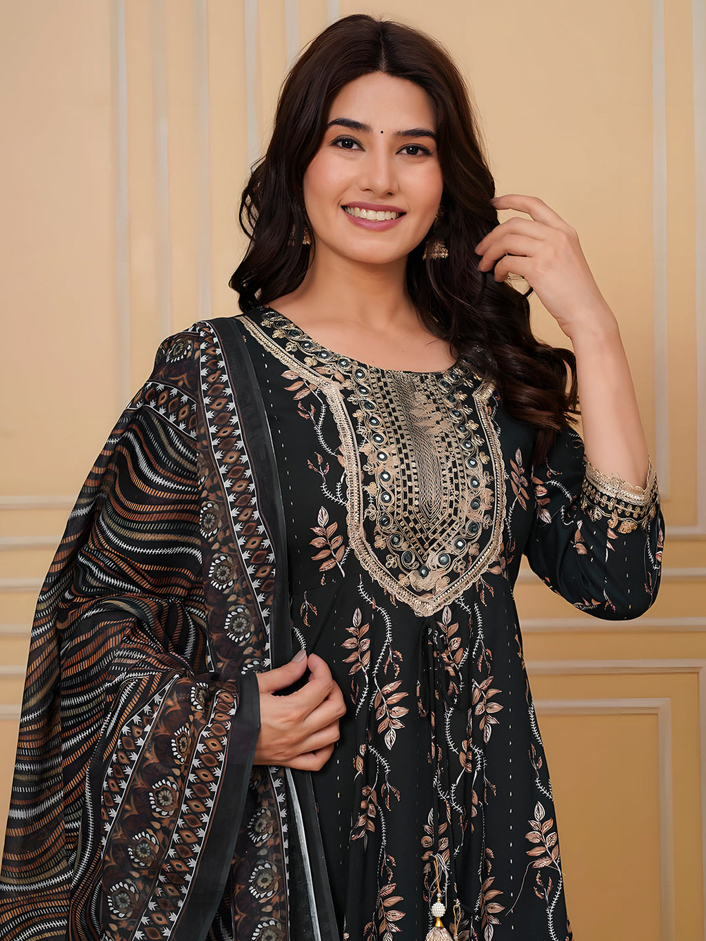 Embroidered & Leaf Printed Flared Kurta With Pant & Dupatta, Bottle-Green - Hiral Fashion