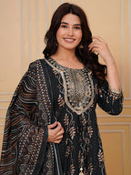 Embroidered & Leaf Printed Flared Kurta With Pant & Dupatta, Bottle-Green - Hiral Fashion