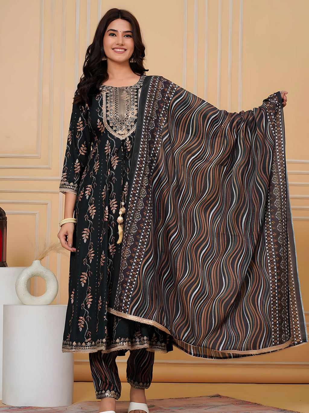 Embroidered & Leaf Printed Flared Kurta With Pant & Dupatta, Bottle-Green - Hiral Fashion