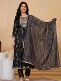 Embroidered & Leaf Printed Flared Kurta With Pant & Dupatta, Bottle-Green - Hiral Fashion